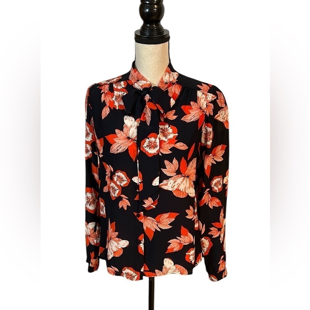 Shoshanna Silk Black Floral Print Blouse With Tie Neckline Sz-4